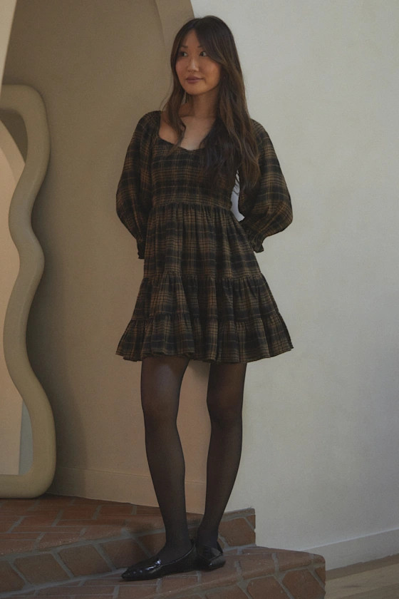 No One Cuter Black and Tan Plaid Puff Sleeve Tiered Mini Dress | Lulus