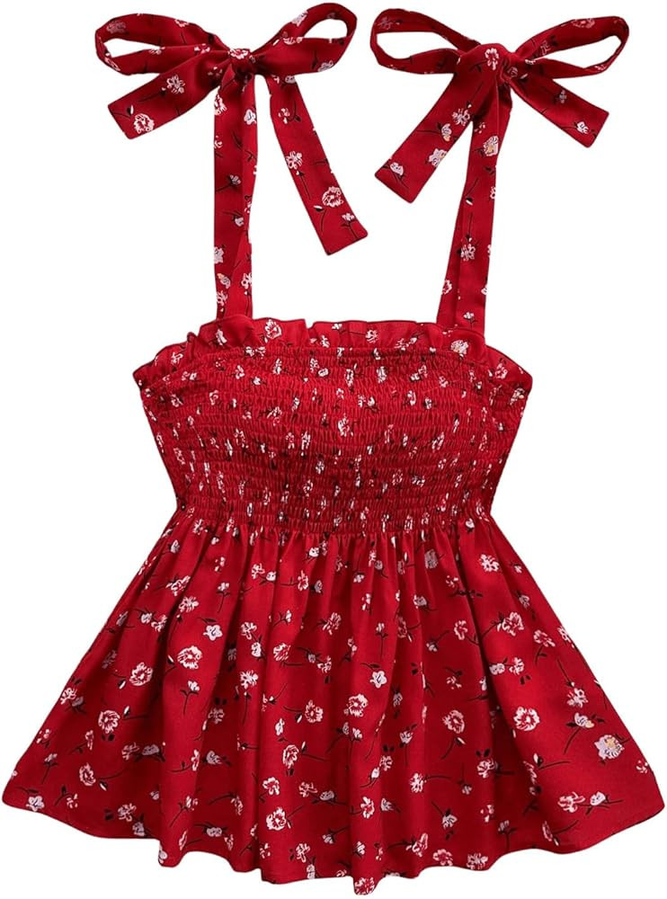 Women's Floral Print Ruffle Hem Tank Tops Tie Strap Smocked Frill Trim Shirt Square Neck Boho Cut... | Amazon (US)