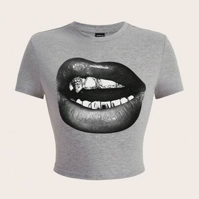 Casual Minimalist Lip Graphic Crew Neck Short Sleeve Tight Cropped Women T-Shirt, Suitable For Summer | SHEIN