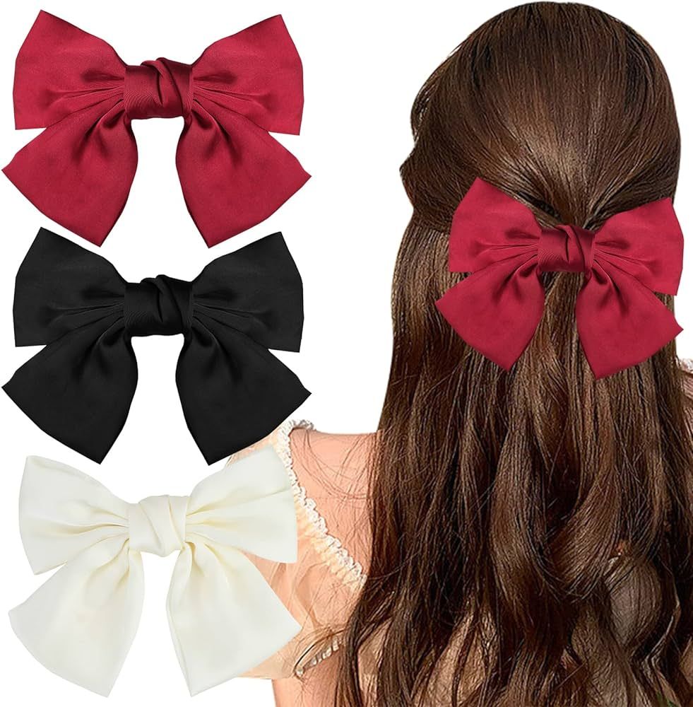 3 Pcs Large Bow Hair Clips Set, Red, Black and White Hair Bow 3 Colors Vintage Satin Barrette hai... | Amazon (UK)