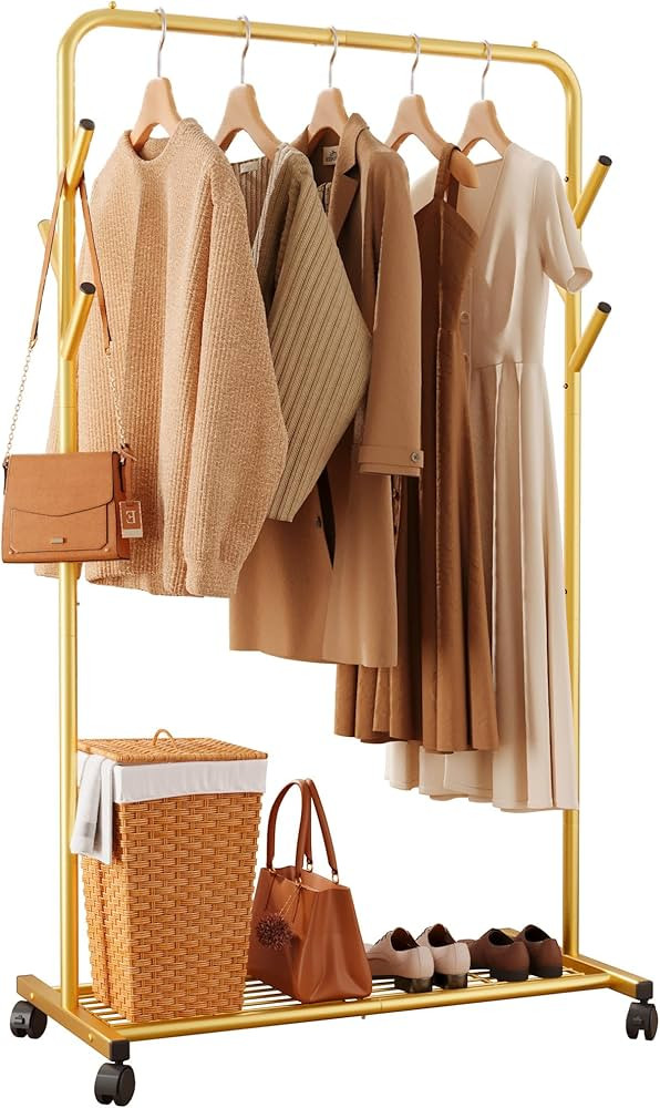 Clothes Rack - Metal Coat Rack with Bottom Shelf, Portable Wardrobe Rack with 6 Side Rods, Rollin... | Amazon (US)