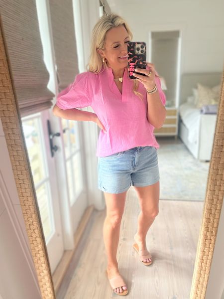 Need a good basic pair of denim shorts- this pair is great! Wearing the size 4. True to size! Top is pink perfection but also comes in lots of other colors. Wearing a size small. Code FANCY15 for 15% off  

#LTKstyletip #LTKunder100 #LTKsalealert