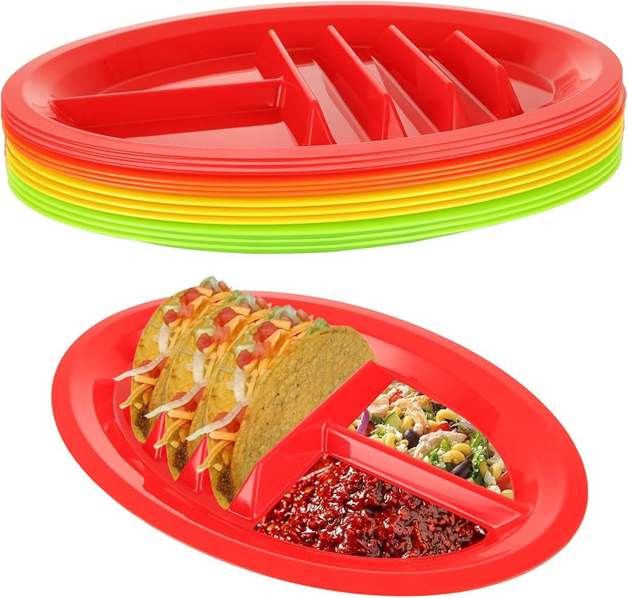 Acrux7 12 Pack Plastic Taco Plates with Dividers, Large Taco Holder Plates, Colorful Taco Trays M... | Amazon (US)