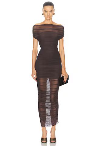 SER.O.YA Noel Off Shoulder Midi Dress in Ash Brown | FWRD | FWRD 