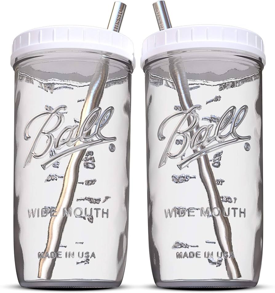 Reusable Wide Mouth Smoothie Cups Boba Tea Cups Bubble Tea Cups with Lids and Silver Straws Mason... | Amazon (US)