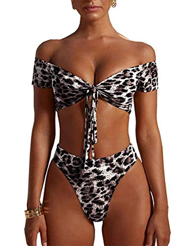 PRETTYGARDEN Women's Two Pieces Leopard Print Knot Front Crop Off-Shoulder High Cut Bandeau Bikini S | Amazon (US)