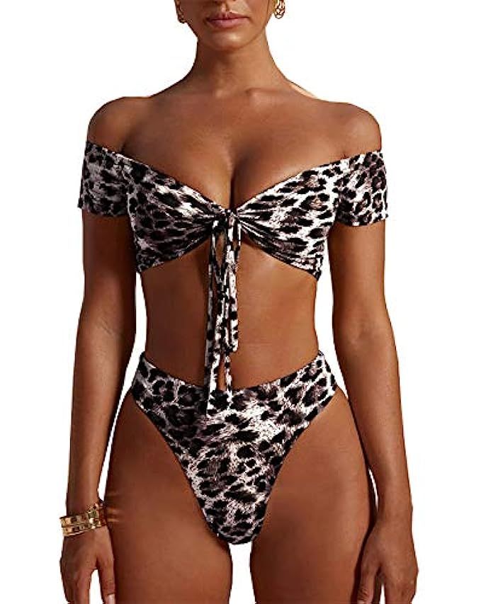 PRETTYGARDEN Women's Two Pieces Leopard Print Knot Front Crop Off-Shoulder High Cut Bandeau Bikini S | Amazon (US)