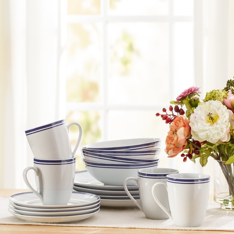 Wayfair Basics 16 Piece Striped Porcelain Dinnerware Set, Service for 4 Color: Jay Blue | Wayfair North America