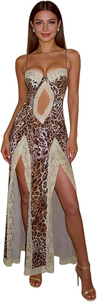RARITYUS Women\u2019s Sexy Lace Trim Leopard Maxi Dress High Slit Cutout Bodycon Dress Elegant Sp... | Amazon (US)