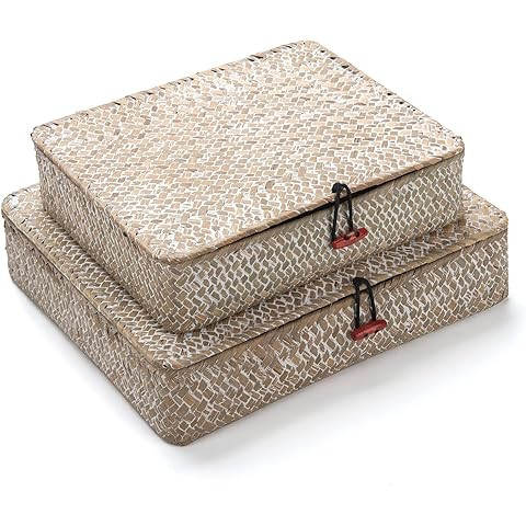 Amazon.com: Hipiwe Set of 2 Flat Woven Wicker Storage Bins with Lid Natural Seagrass Basket Boxes... | Amazon (US)