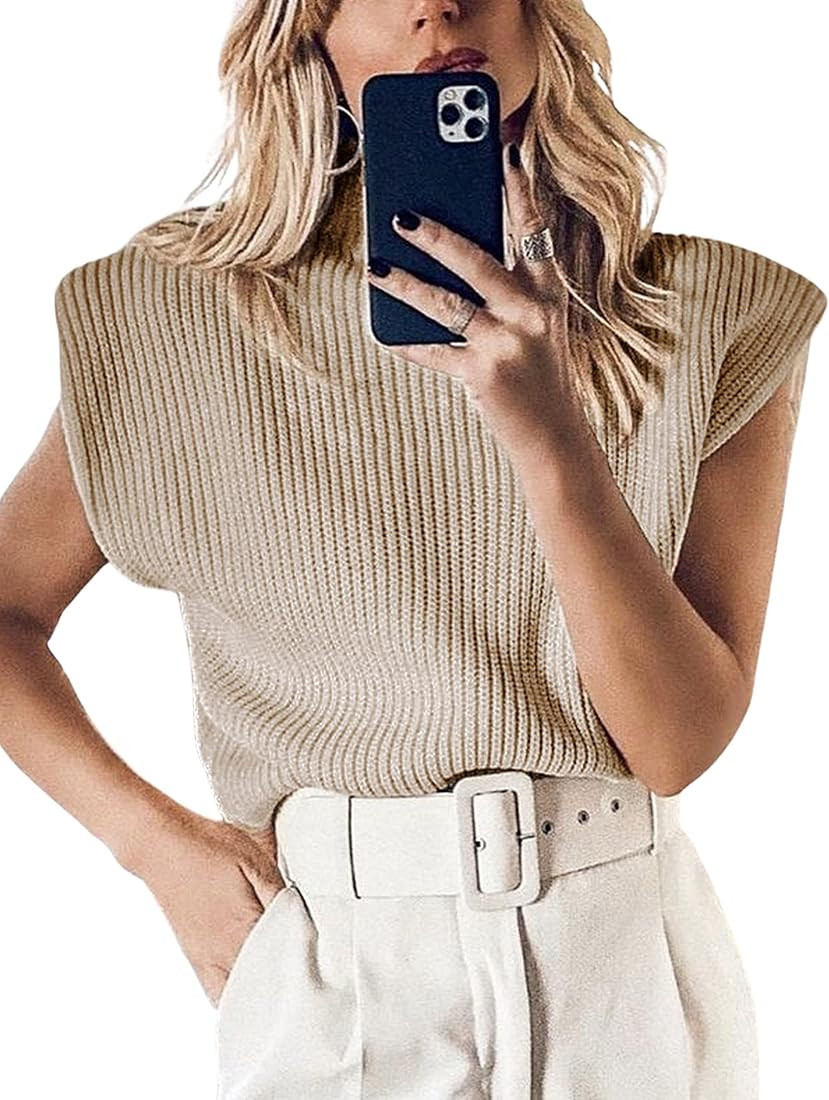Hooever Women's Turtleneck Sleeveless Knitted Tank Tops Shoulder Pads Sweater Vest | Amazon (US)