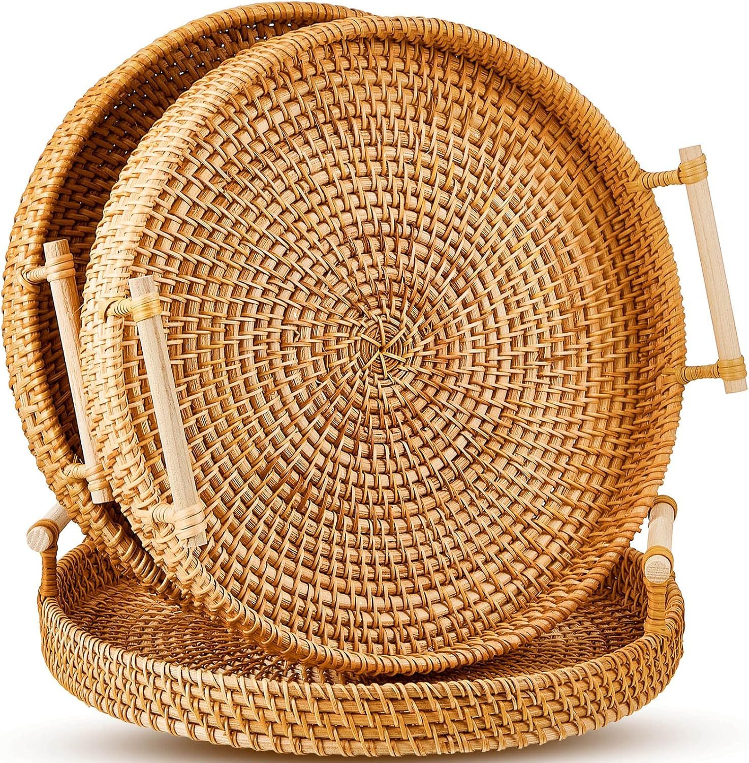 3 Pieces Round Rattan Serving Tray Platter Hand Woven Bread Serving Basket Decorative Wicker Tray... | Amazon (US)