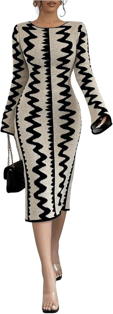 MakeMeChic Women's Graphic Long Sleeve Sweater Dress Bodycon Midi Dresses | Amazon (US)