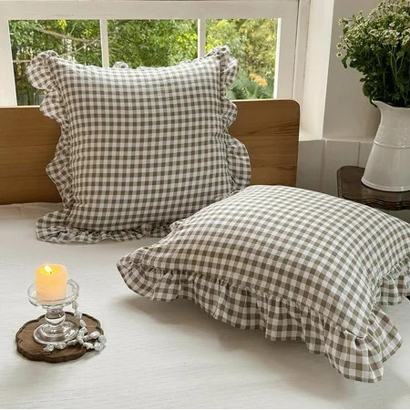Tan Ruffled Plaid Gingham Pillow Shams 20"x20", Set of 2 Taupe Checked Pre-Washed Microfiber Farmhouse Pillowcases for Bed/Sofa (20"x20", Tan Gingham) | Walmart (US)