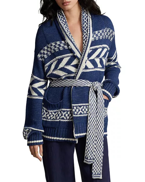 Cotton Shawl Collar Belted Cardigan, Geometric Knit Bralette & High Rise Pleated Twill Pants | Bloomingdale's (AU)