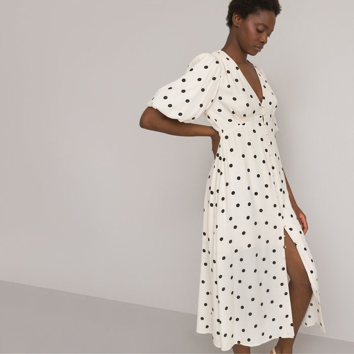 Iconic Midaxi Dress in Polka Dot Print with Puff Sleeves | La Redoute (UK)