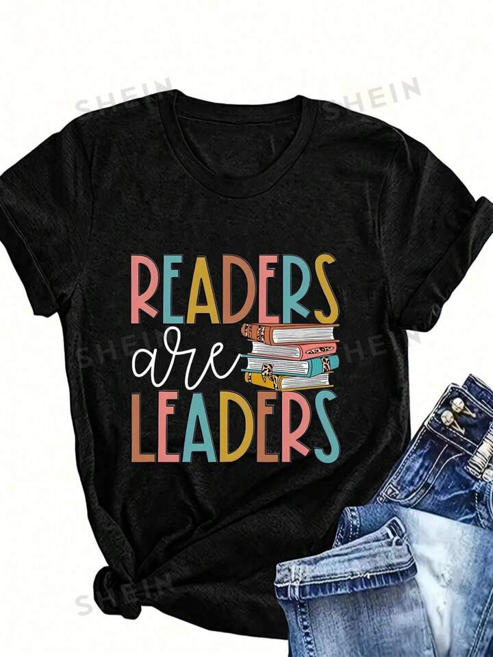 SHEIN LUNE Letter & Book Printed Short Sleeve Casual T-Shirt For Summer | SHEIN