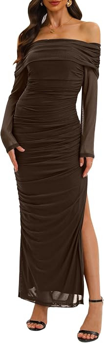 Relipop Women Off Shoulder Dress Long Sleeve Bodycon Mesh Ruched High Split Spring Formal Wedding... | Amazon (US)