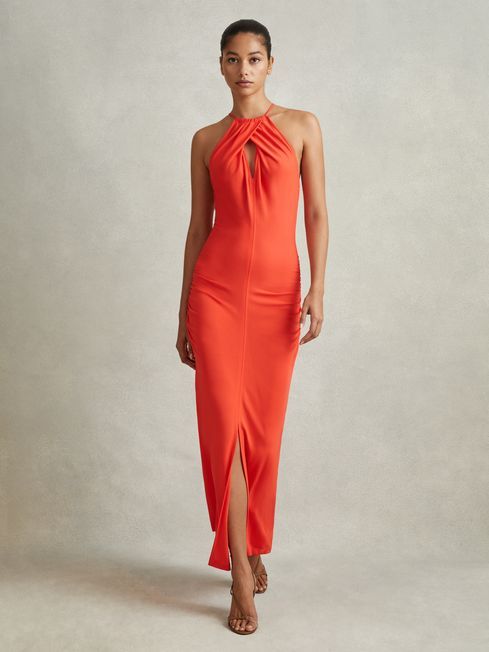 Reiss Orange Kia Jersey Halter Neck Midi Dress | Reiss US