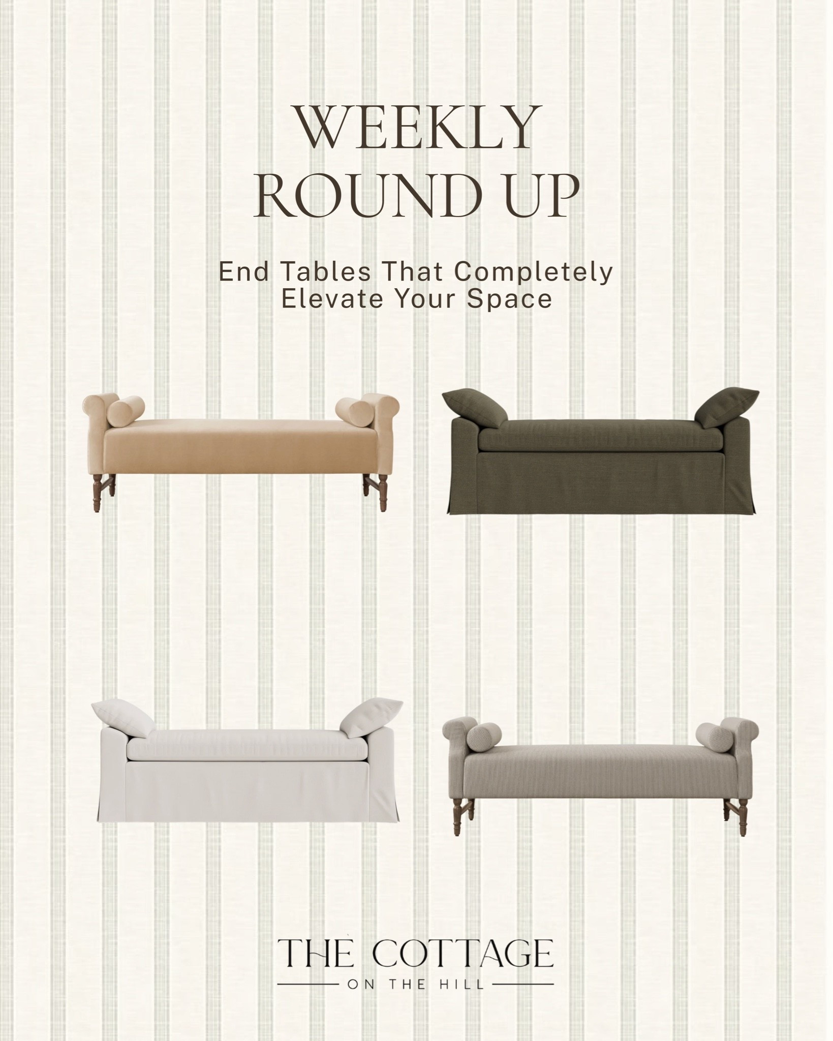 The footer of a bed is one of the most underrated design moments in a bedroom ✨ 

A cream rolled arm bench, an olive skirted bench, a crisp white slipcovered option, and a classic taupe with turned legs: four styles that add that finishing layer every bedroom needs. 

All linked here 🤍 

#LTKhome