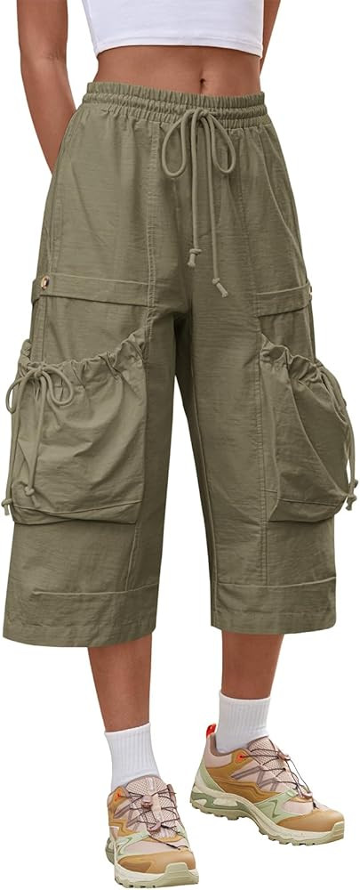 Aoysky Womens Wide Leg Cargo Capris Drawstring Elastic Waist Baggy Cropped Pants with Utility Poc... | Amazon (US)