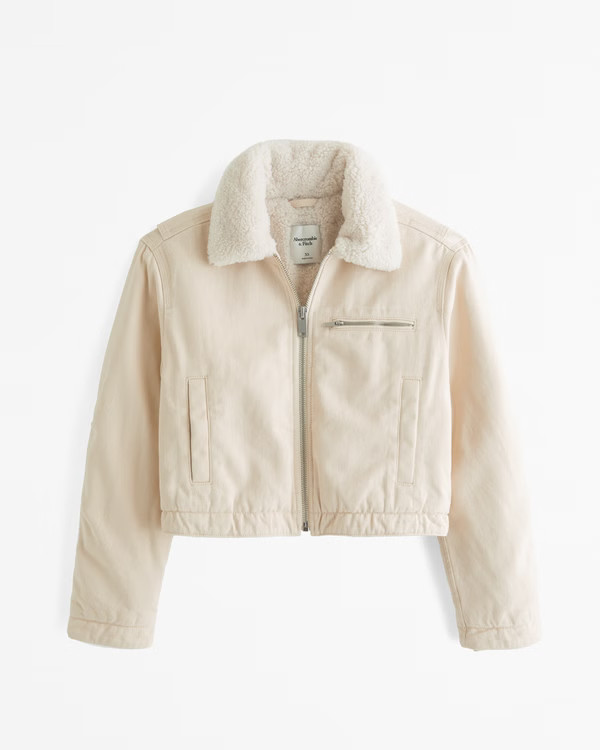 Women's Sherpa-Lined Cropped Twill Workwear Jacket | Women's Coats & Jackets | Abercrombie.com | Abercrombie & Fitch (US)