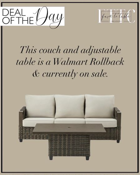 Deal of the Day. Follow @farmtotablecreations on Instagram for more inspiration.

This wicker sofa and adjustable table are currently a Walmart rollback. They would be a perfect set with the swivel chairs. 

Better Homes & Gardens Sandcrest Seagrass Outdoor Wicker Sofa and Adjustable Height Table Set, Brown. 

Walmart Home. Walmart Rollback. Walmart Flash Deal. Walmart Patio Finds. Patio Furniture  

#LTKHome #LTKStyleTip #LTKSaleAlert