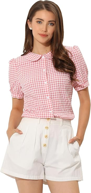 Allegra K Women's Halloween Costumes Plaid Blouse Puff Short Sleeve Gingham Peter Pan Collar Butt... | Amazon (US)