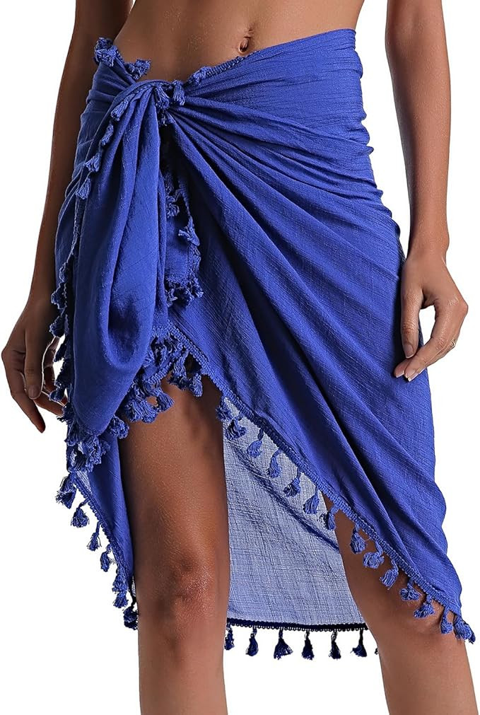 Eicolorte Beach Sarong Pareo Womens Semi-Sheer Swimwear Cover Ups Short Skirt with Tassels | Amazon (US)