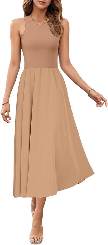 Women's Summer Sleeveless Tank Dress Midi Dresses Square Neck Ribbed Tops A Line Flowy Pleated Ba... | Amazon (US)