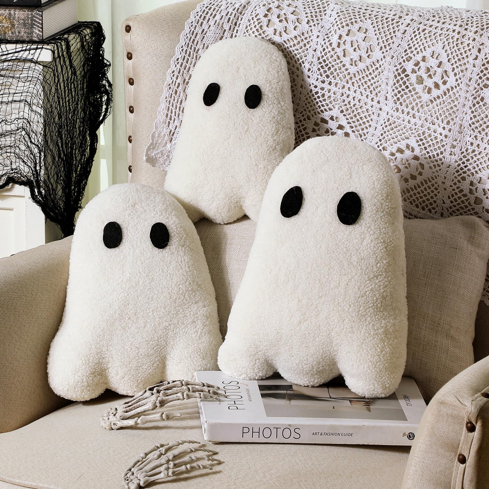 Huwena 3 Pcs Happy Halloween Throw Pillows Spooky Ghost Throw Pillow Decorative Pillow Pearl Flee... | Amazon (US)