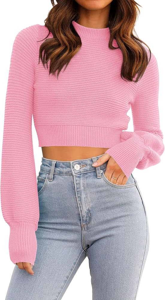 ZESICA Women's Fall Mock Neck Cropped Sweater Long Sleeve Soft Ribbed Knit Pullover Jumper Tops | Amazon (US)