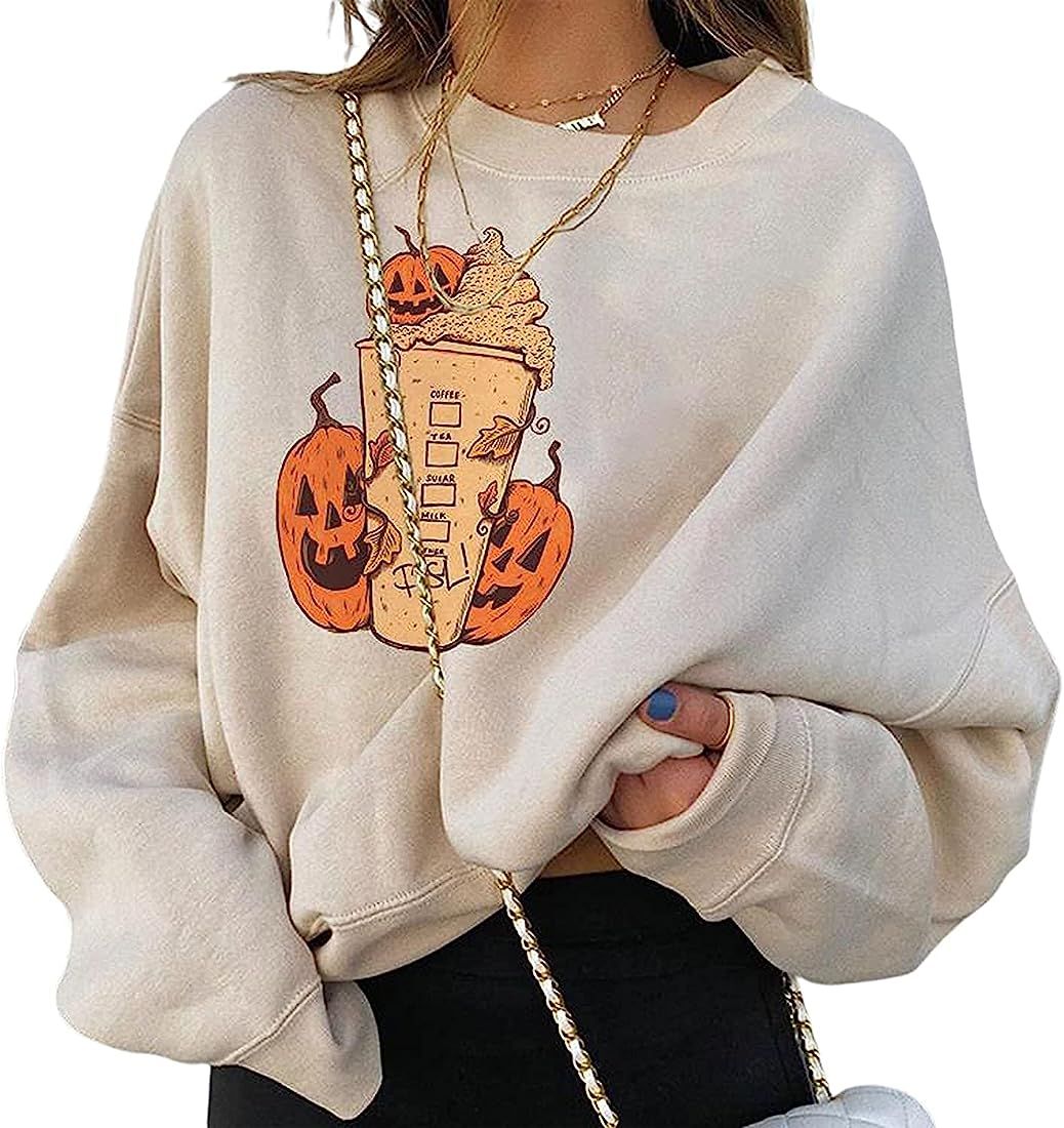 Amazon.com: Guccou Halloween Graphic Sweatshirts for Women Pumpkin Skull Printed Sweater Long Sle... | Amazon (US)