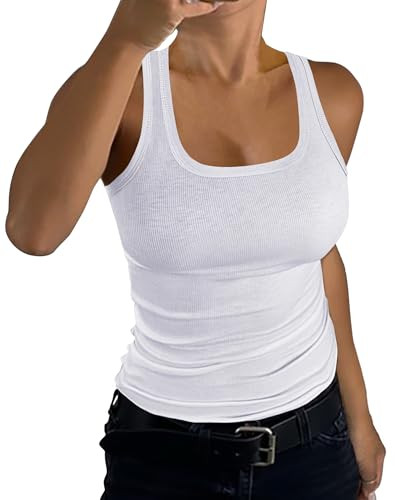 GEMBERA Womens Ribbed Knit Square Neck Racerback Sleeveless Fitted Basic Work Out Tank Top Shirt(3283 White S) | Amazon (US)