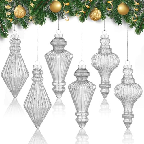 PullCrease 6 Pcs 5.7 inch Mercury Glass Finial Christmas Ornament Rustic Finial Vintage Ornaments Xmas Glass Mercury Hanging Decor Christmas Tree Decoration for Holiday Farmhouse(Silver) | Amazon (US)