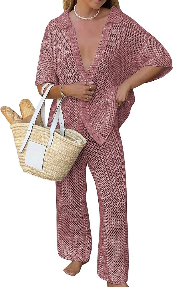 Famulily Womens Sexy Hollow Out Swimsuit Cover Up Sets Button Up Tops and Drawstring Pants 2 Piec... | Amazon (US)