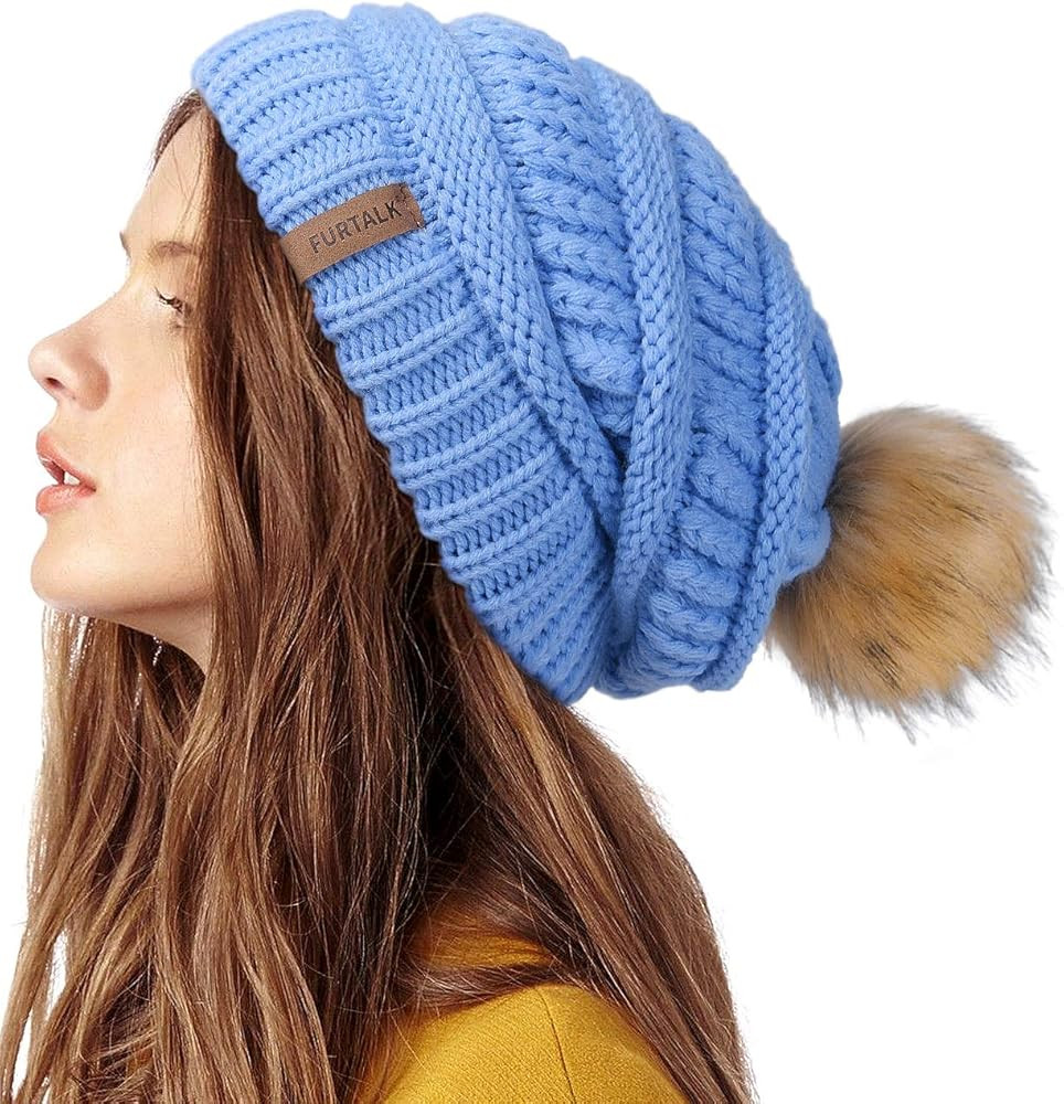 FURTALK Womens Winter Knit Slouchy Beanie Hat Warm Skull Ski Cap Faux Fur Pom Pom Hats for Women | Amazon (US)