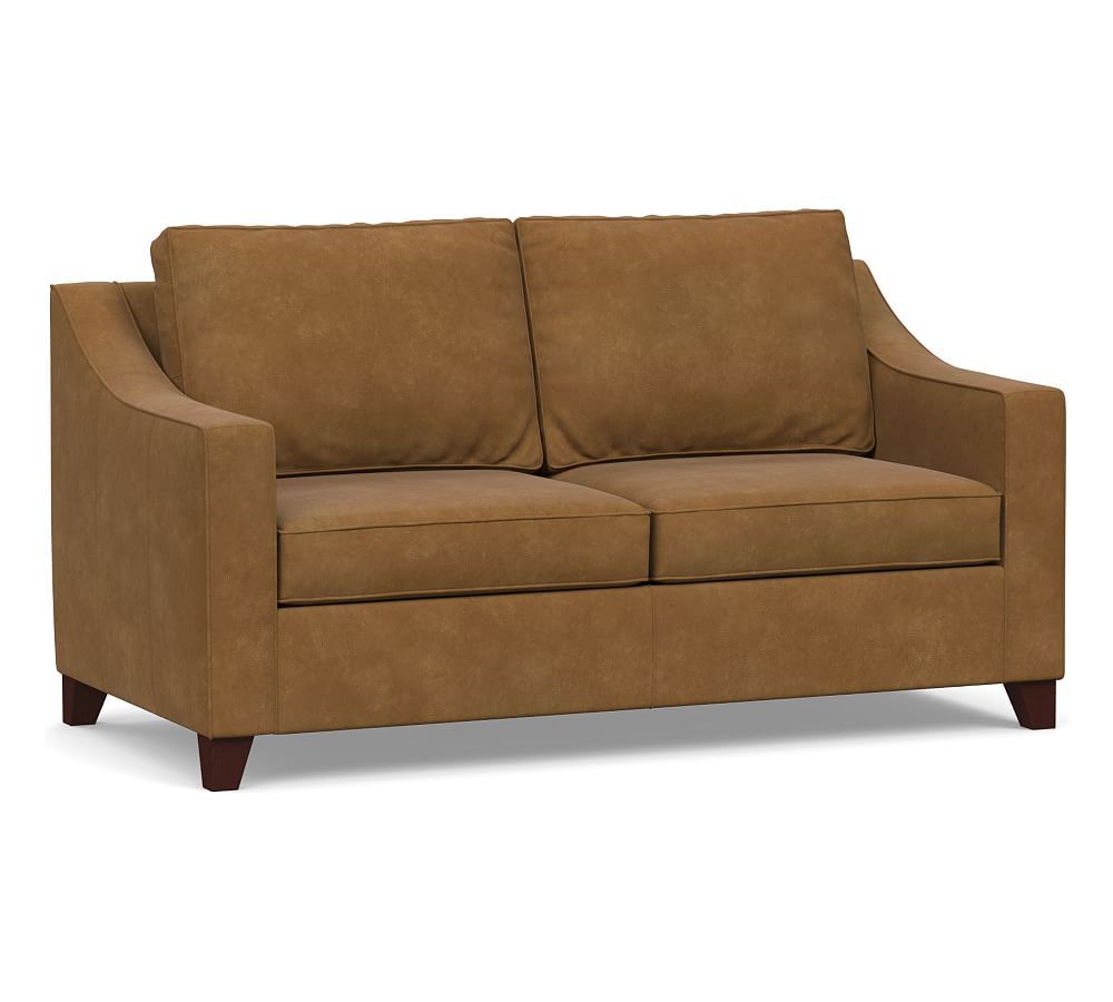 Cameron Slope Arm Leather Loveseat 73"", Polyester Wrapped Cushions, Nubuck Camel | Pottery Barn (US)