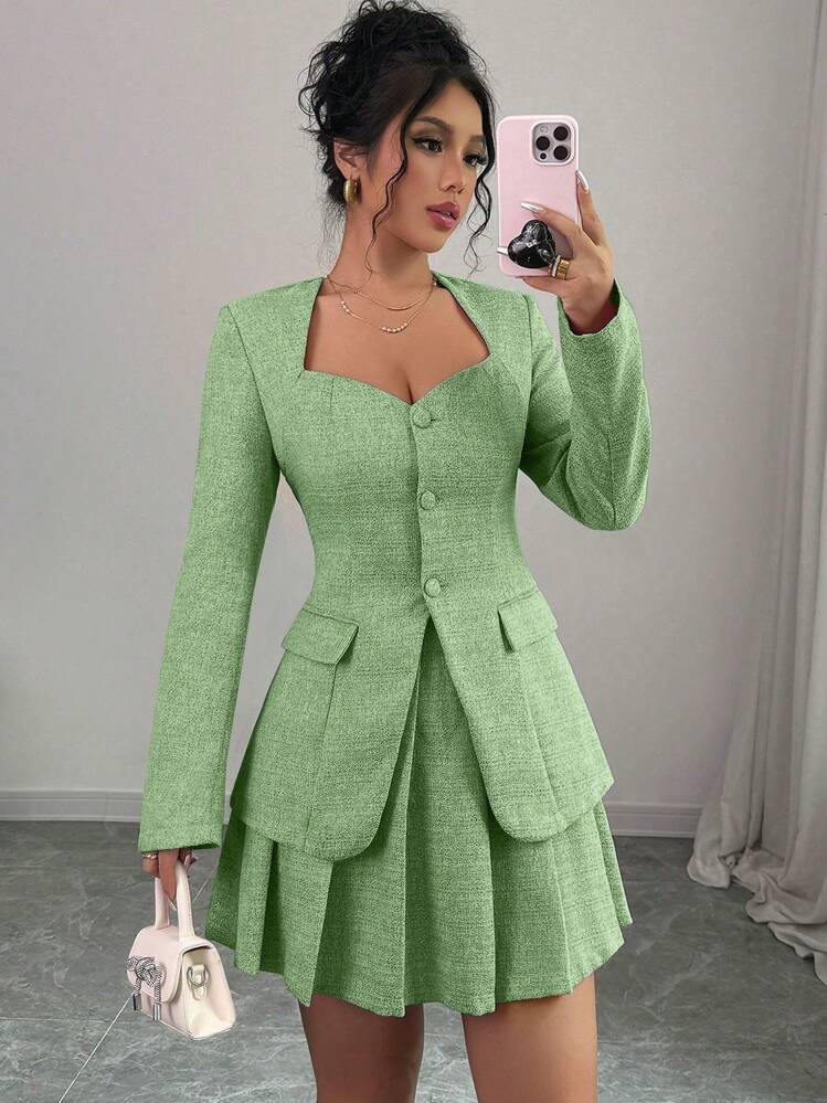 Rafferiza Women V-Neck green Fitted Blazer + Pleated Skirt Suit Set, Autumn | SHEIN