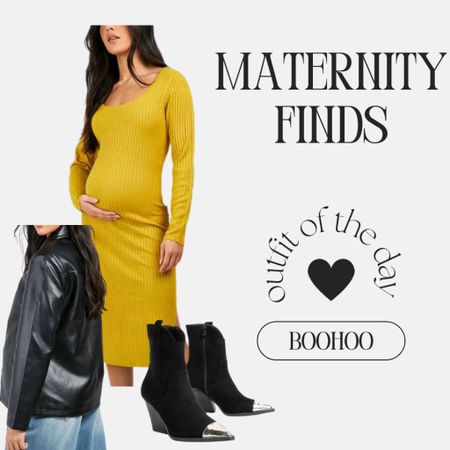 Maternity sweater dress with maternity faux leather jacket and western boots for a fall/winter maternity look.

#LTKbump #LTKfindsunder100