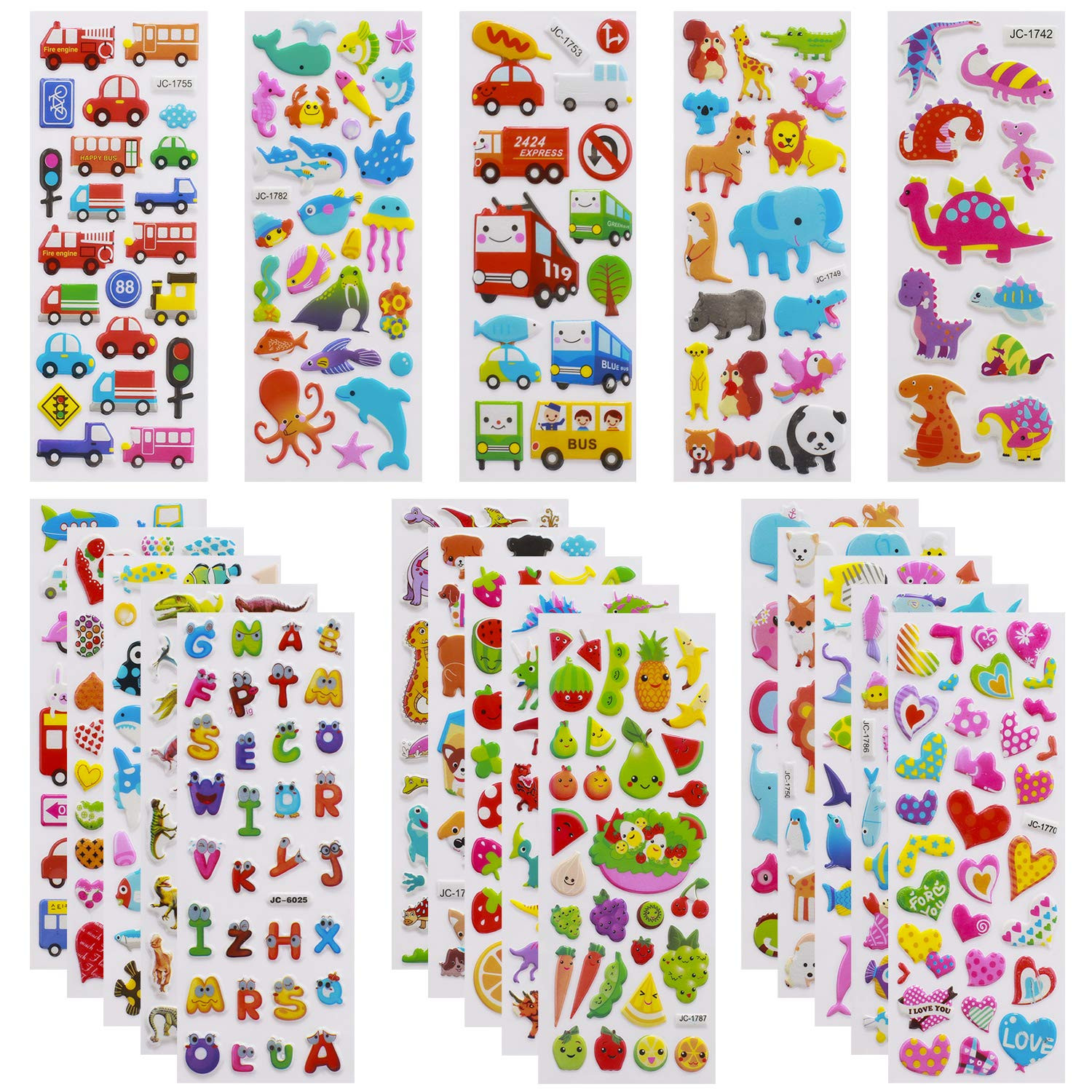 Meafeng 3D Stickers for Kids & Toddlers 24 Sheets 550+ Puffy Stickers Variety Pack with Animals, ... | Amazon (US)