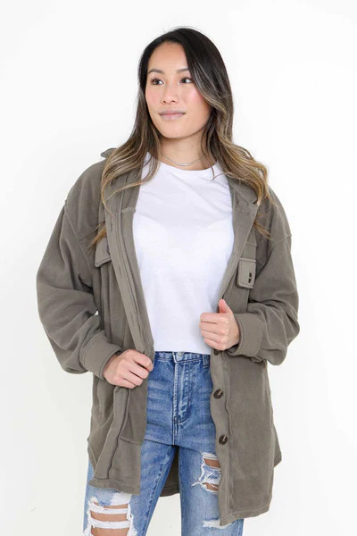 La Miel Clothing Sunset Fleece Shacket for Women in Army Green
            
              
      ... | Glik's