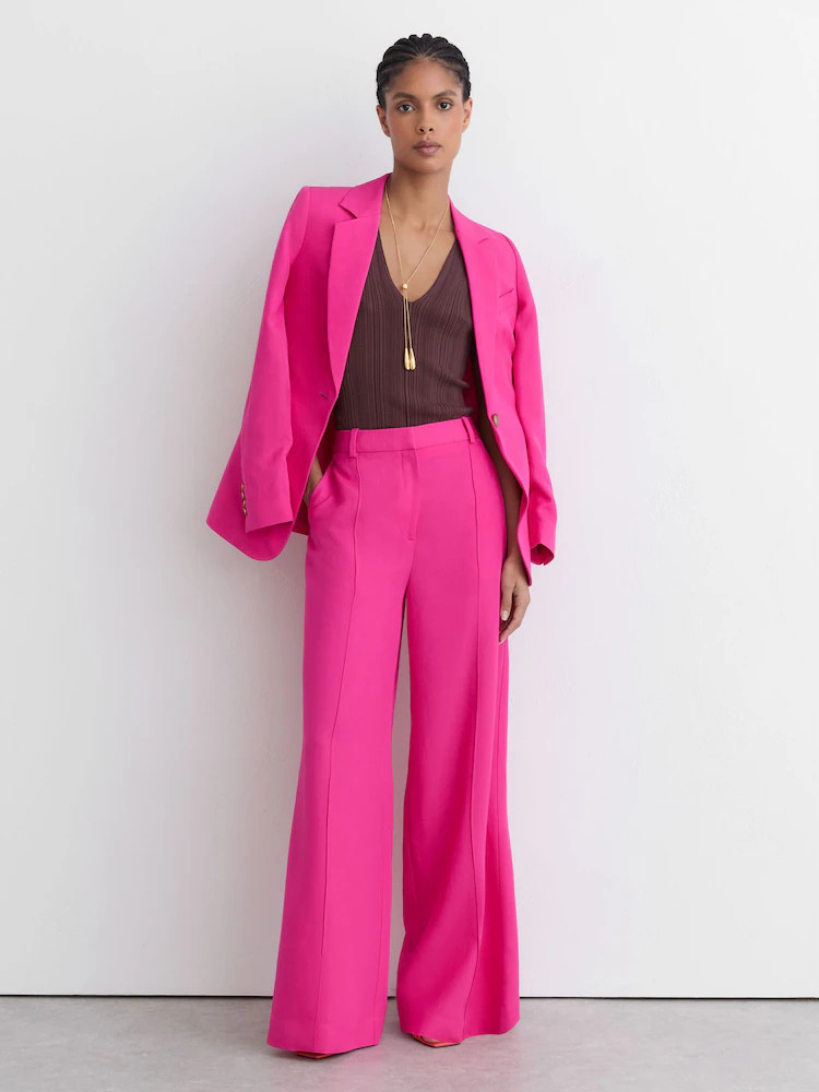 Reiss Pink Charli Wide-Leg Pintuck Trousers with Linen | Next US