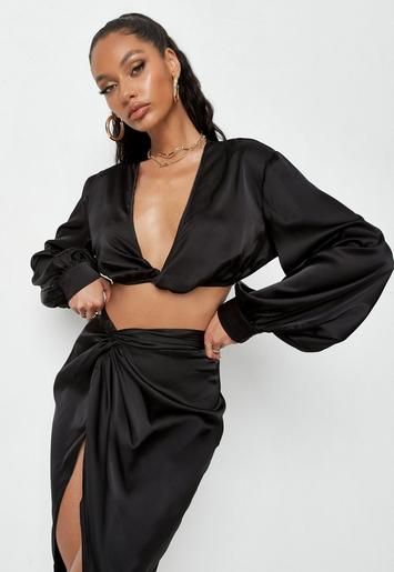 Black Co Ord Twist Front Satin Crop Top | Missguided (US & CA)