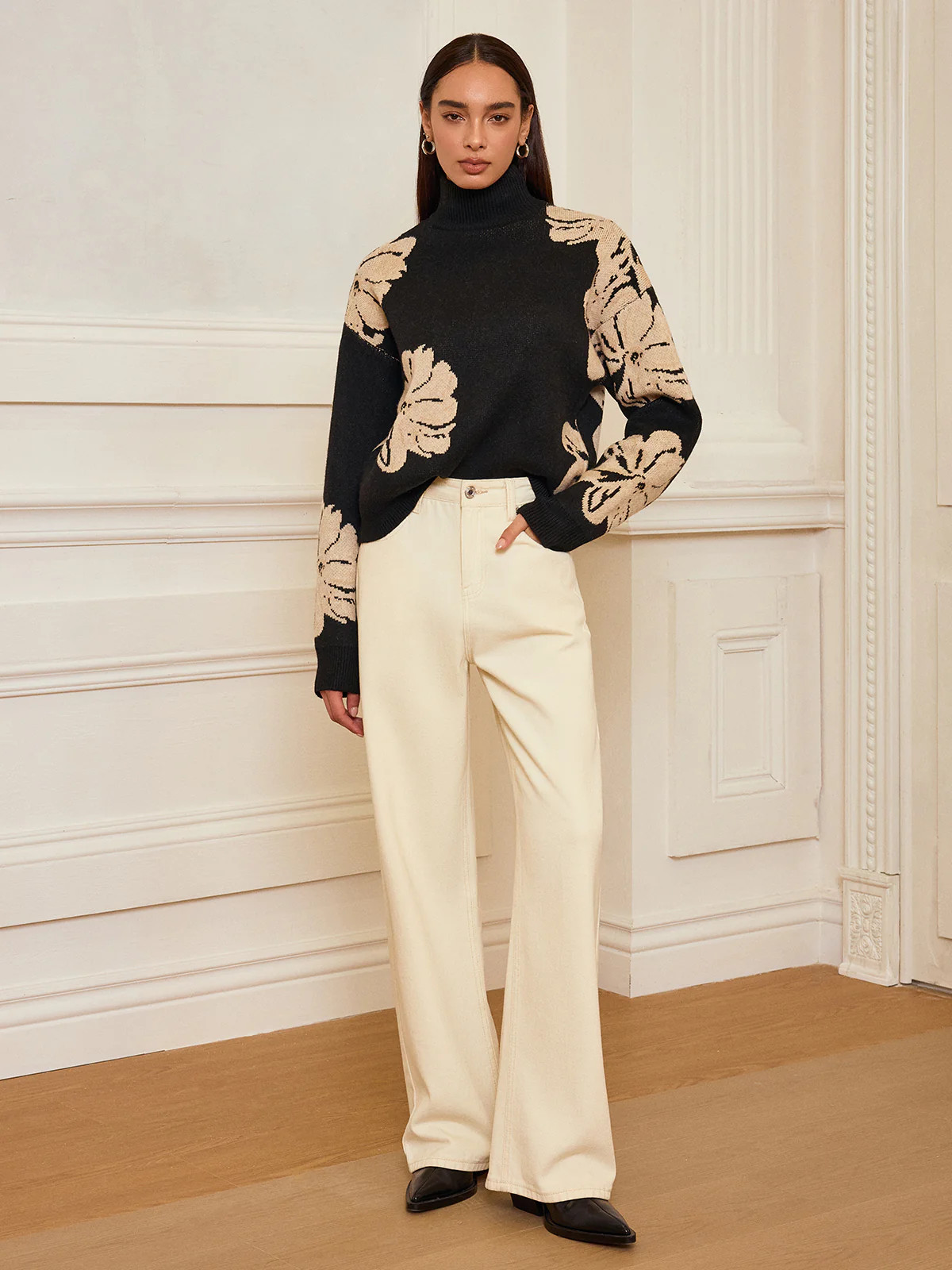 Floral Turtleneck Knit Top | Commense