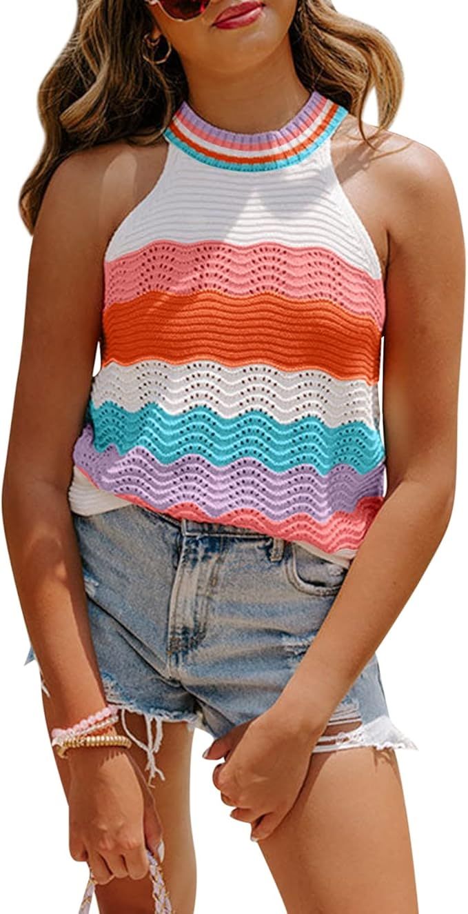 Dellytop Women’s Halter Neck Sweater Vest Color Block Sleeveless Loose Knit Tank Top | Amazon (US)