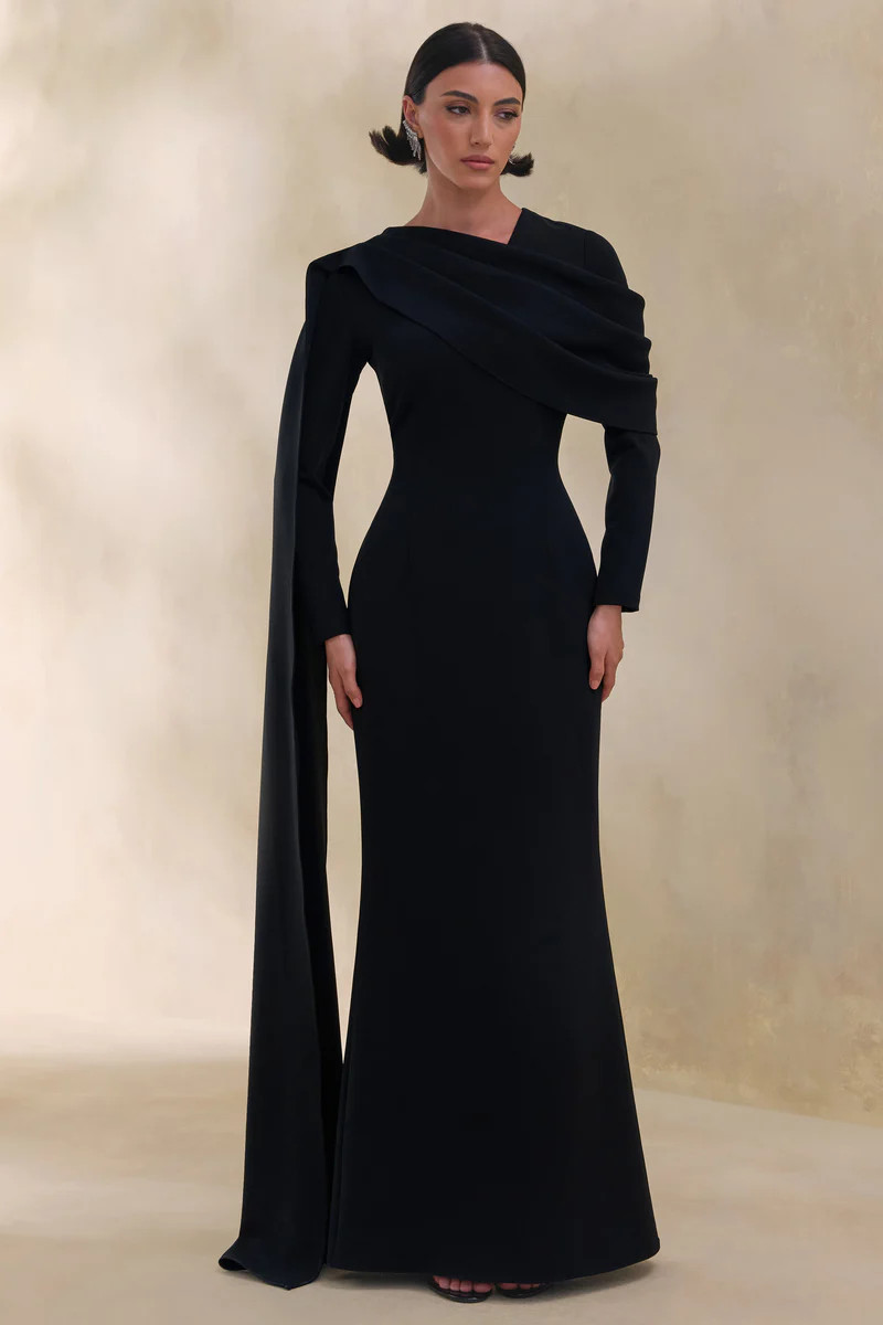 Heliora  Black V-Neck Maxi Dress With Sash And Draped-Detail | Club L London