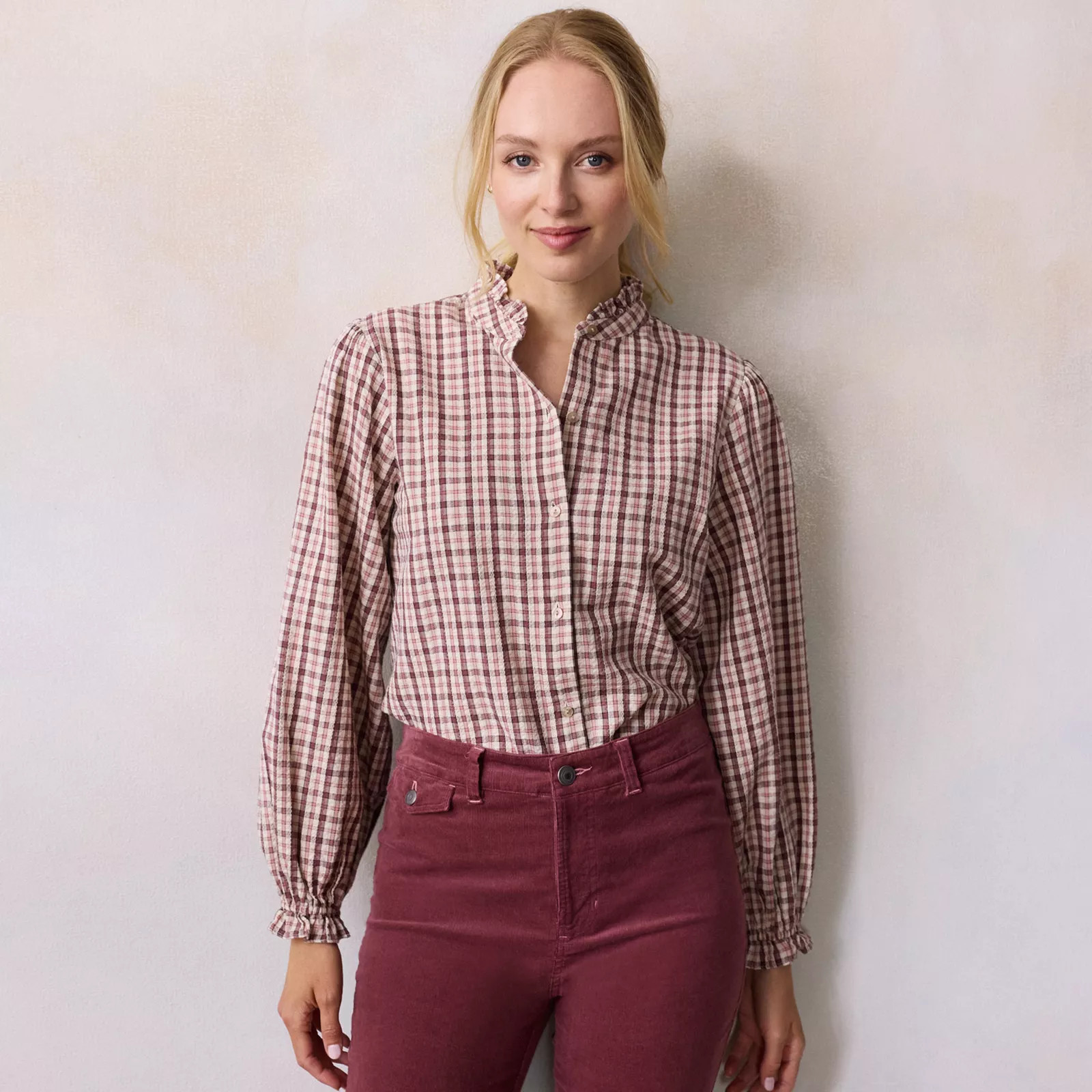 Women's LC Lauren Conrad Long Sleeve Mockneck Blouse, Size: Medium, Pink Greer Plaid | Kohl's