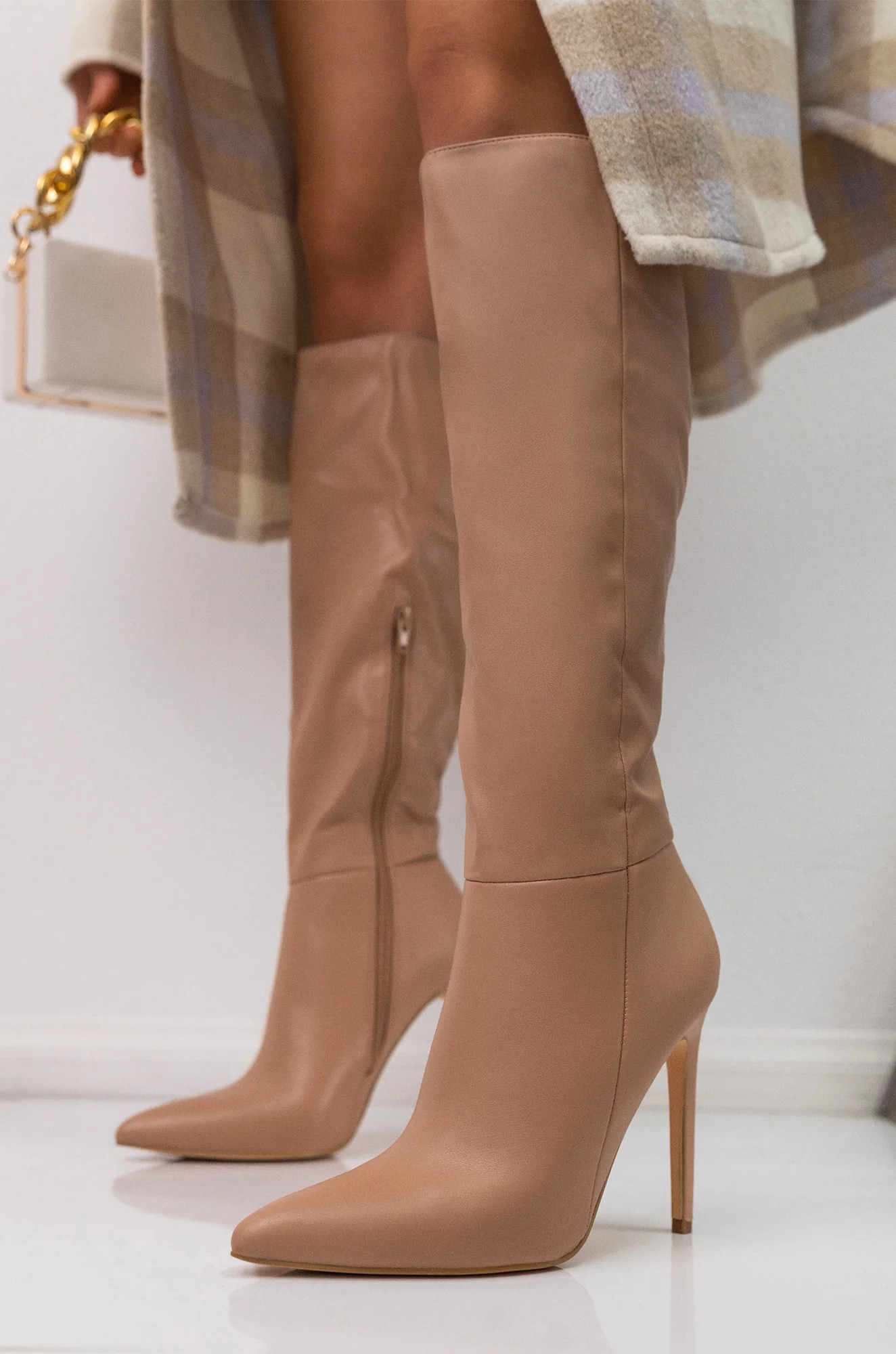 Miss Lola | Tyrah Nude Up To The Knee Heel Boots | MISS LOLA