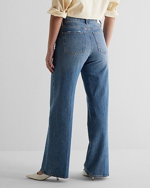 High Waisted Medium Wash Ripped Wide Leg Jeans | Express